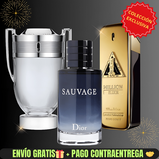 Kit de Perfumes - Paco Rabanne 1Million Elixir_Paco Rabanne Invictus_Dior Sauvage (100ml cada uno)